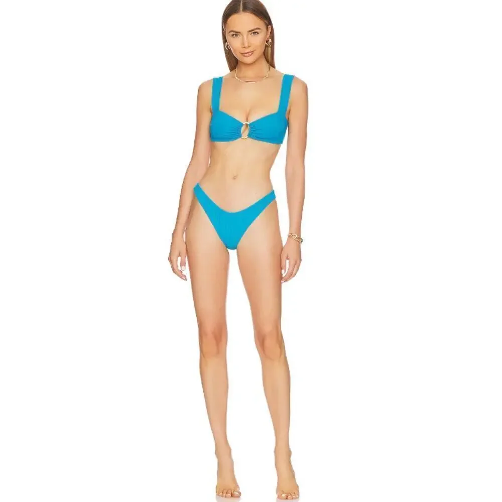 L*Space Cabana Bitsy Bikini Bottom Bright Blue Ribbed High Cut Cheeky NEW XS